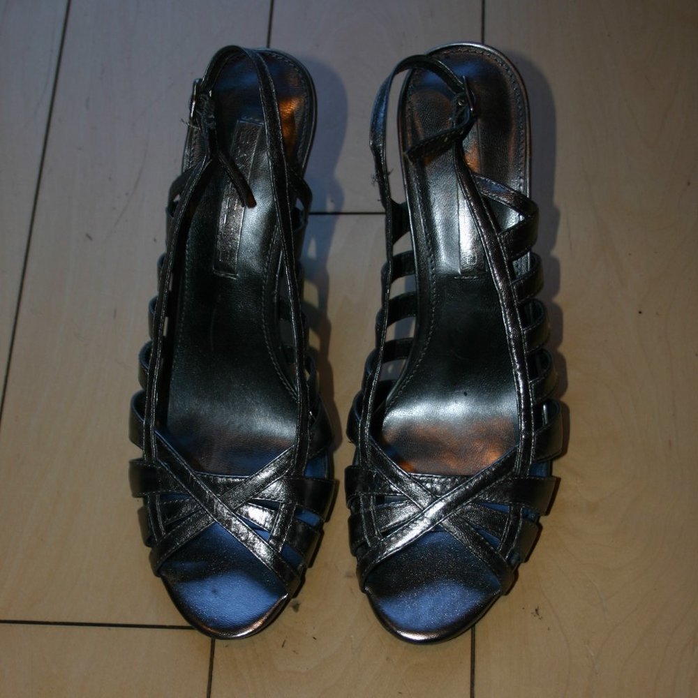 BAND0LINO Pewter Leather High Heel 3 3/4" Slingback Sandal 8.5B Worn Once!